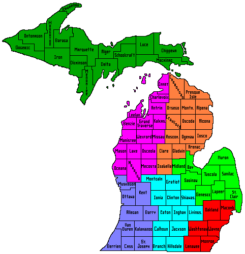 Map of Michigan color coded to each of the 6 major regions of the state