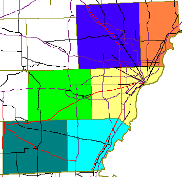 Map of South East Michigan color coded to each of the six counties of the region