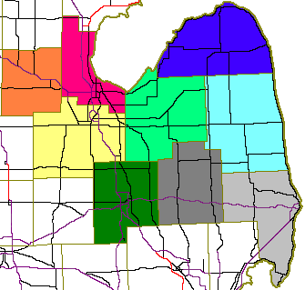 Map of the Thumb of Michigan color coded to each of the six counties of the region